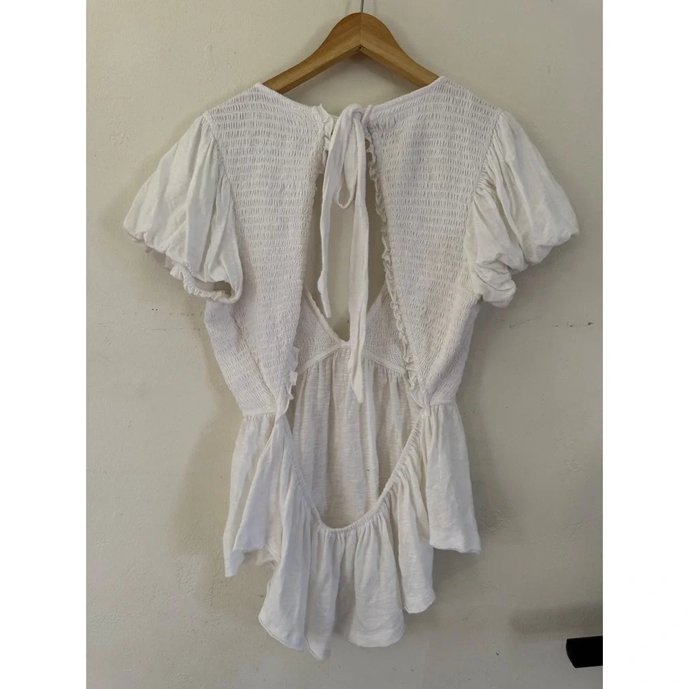Free People White Smocked Puff Sleeve Open Back Peplum Top XL OB1635188